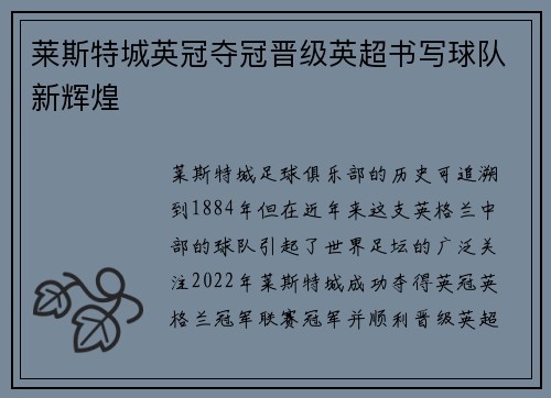 莱斯特城英冠夺冠晋级英超书写球队新辉煌
