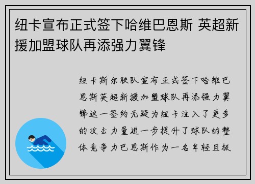 纽卡宣布正式签下哈维巴恩斯 英超新援加盟球队再添强力翼锋